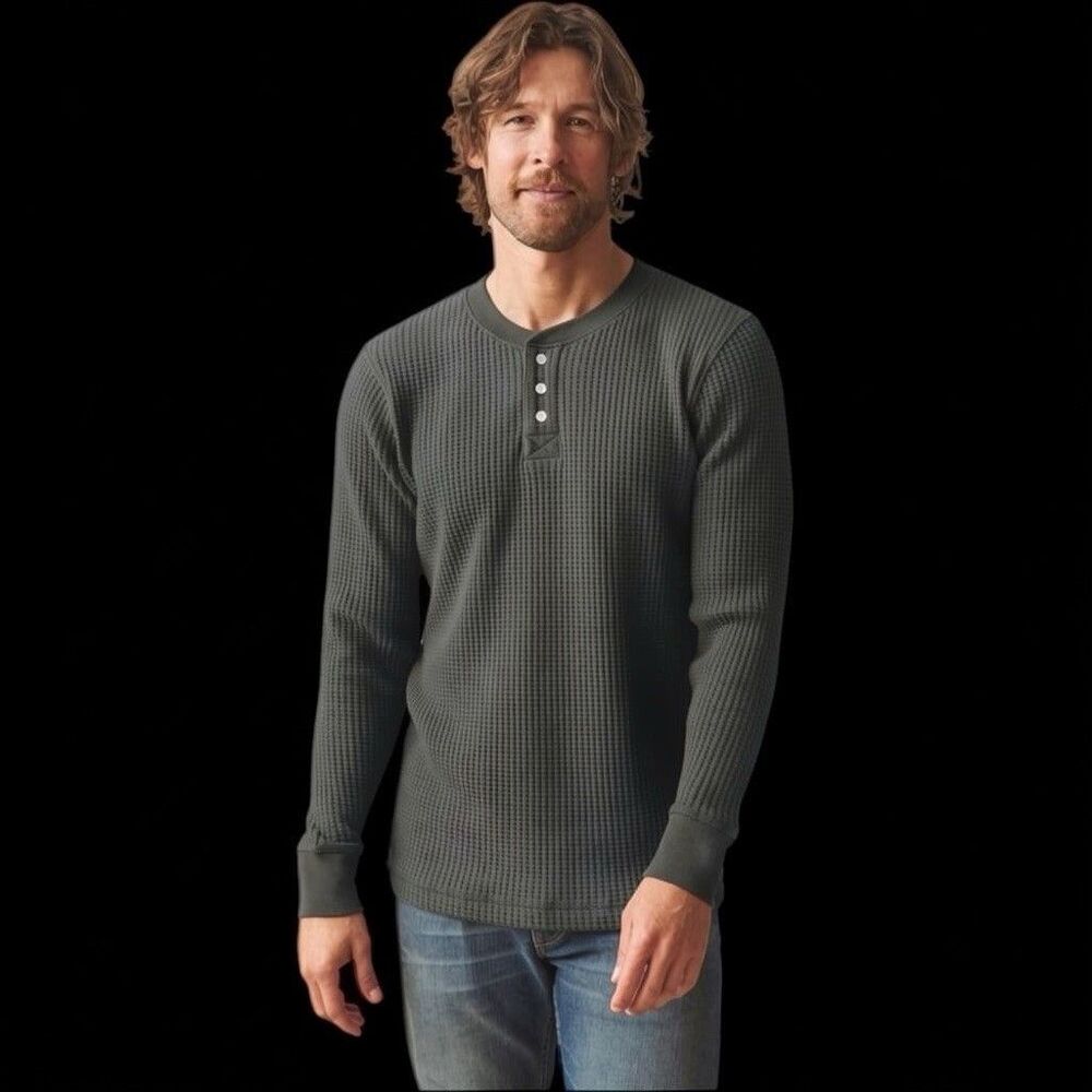 American Giant Henley Shirt Mens L Dark Gray Waffle Knit Long Sleeve Thermal NEW